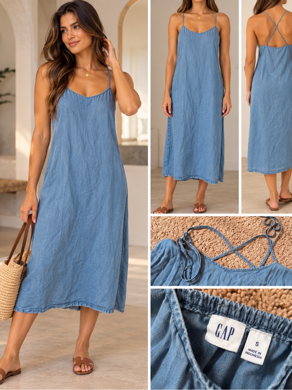 GAP Light Blue Spaghetti-Strap Midi Slip Dress